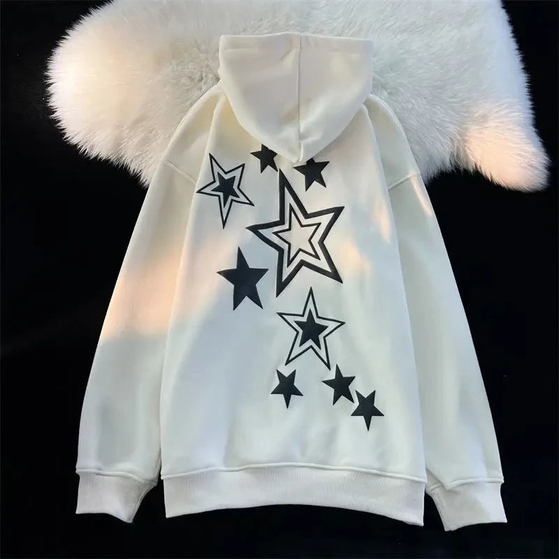 Harajuku Streetwear Sweatshirt Unisex Oversized Y2K Stars Printed Loose Long Sleeve Hoodies For Women Autumn Winter Cute Tops