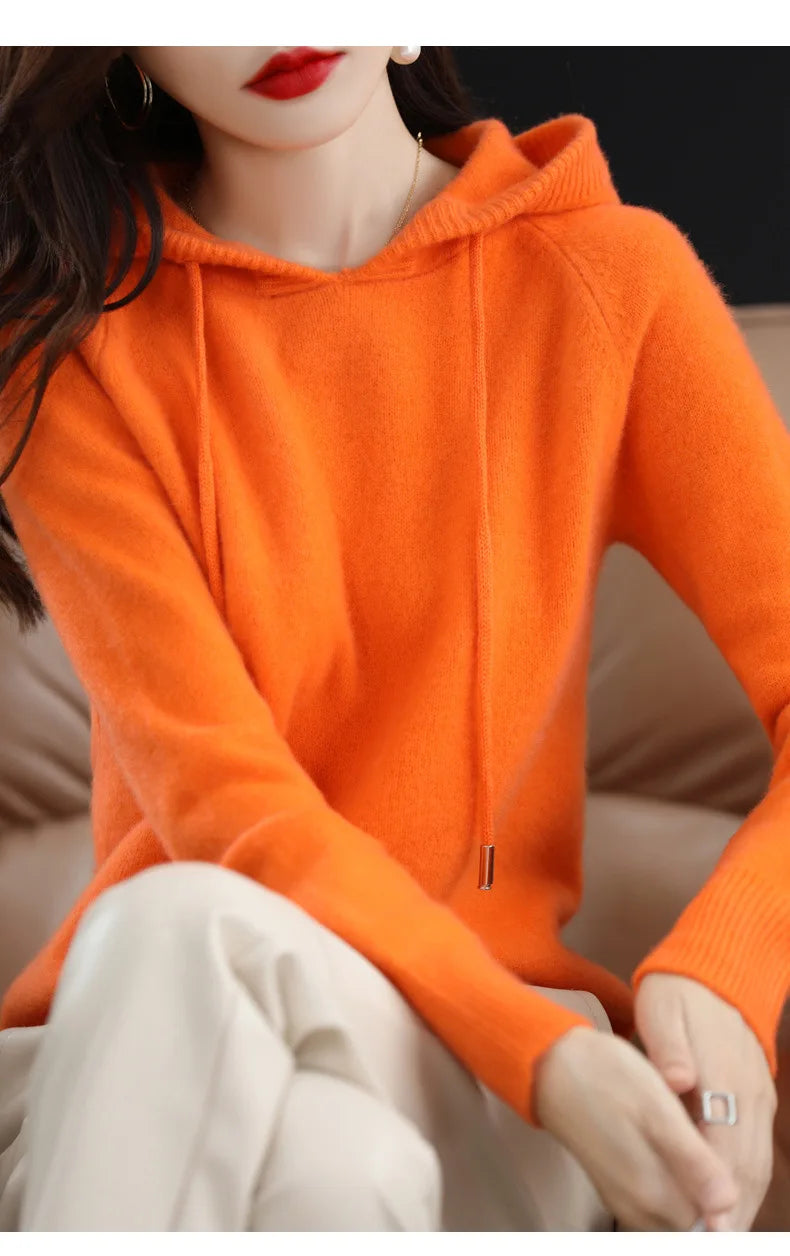 Cashmere Hooded Sweater Women Autumn Winter Long Sleeve Solid Color Knitted Hoodies Lady Loose Drawstring Casual Pullover Hoodie